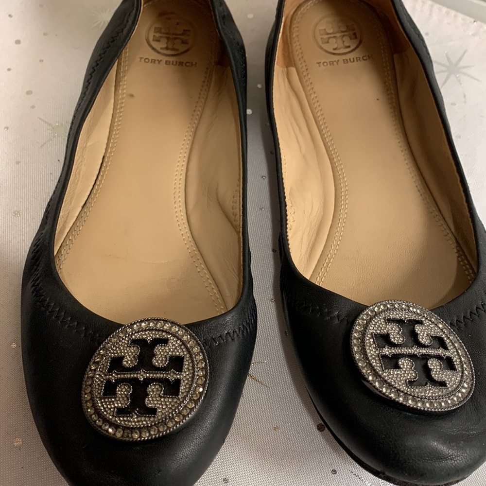 Tory Burch Black Flats with Silver sparkle logo design